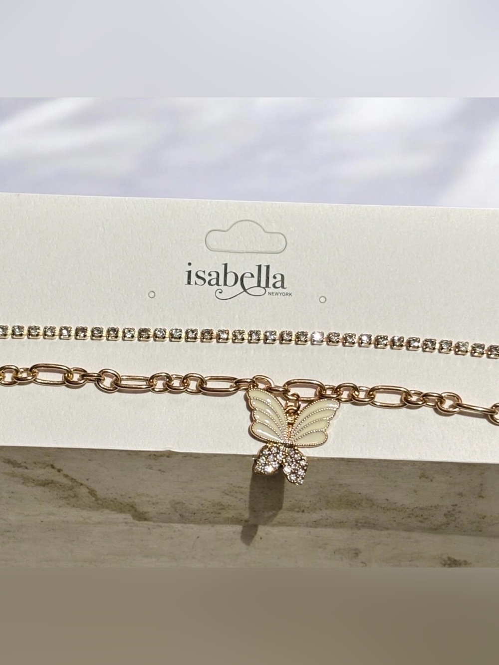 Isabella Gold Butterfly Layered Doubled Chain with Rhinestones Necklace